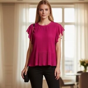 Adrianna Papell Pink Pleated Flutter Sleeve Blouse Barbiecore Event Romantic XL